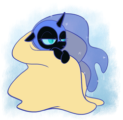 Size: 651x637 | Tagged: safe, artist:egophiliac, character:nightmare moon, character:princess luna, blanket, cute, female, filly, floppy ears, frown, glare, nightmare woon, solo, unamused