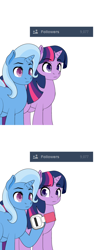 Size: 600x1600 | Tagged: safe, artist:dekomaru, character:trixie, character:twilight sparkle, species:pony, species:unicorn, ship:twixie, tumblr:ask twixie, female, lesbian, mare, over 9000, scouter, shipping, tumblr