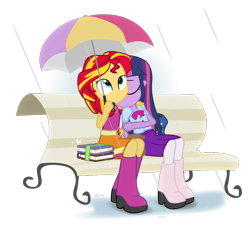 Size: 1050x950 | Tagged: safe, alternate version, artist:dm29, character:sunset shimmer, character:twilight sparkle, ship:sunsetsparkle, my little pony:equestria girls, backpack, bench, book, boots, female, friendshipping, julian yeo is trying to murder us, lesbian, rain, rain boots, shipping, simple background, transparent background, umbrella, younger