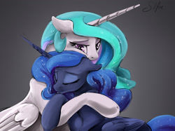 Size: 2944x2204 | Tagged: safe, artist:silfoe, character:princess celestia, character:princess luna, species:alicorn, species:pony, royal sketchbook, affection, cute, eyes closed, female, hug, mare, royal sisters, silfoe is trying to murder us, sisterly love, sisters, sweet dreams fuel, weapons-grade cute