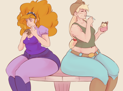 Size: 1280x952 | Tagged: safe, artist:sundown, character:adagio dazzle, character:applejack, species:human, adagio dat-azzle, applebucking thighs, applebutt, ass, butt, cleavage, dazzlejack, eating, female, food, freckles, humanized, ice cream, lesbian, scar, shipping, sparkles, thighs, thunder thighs, wide hips