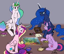 Size: 1280x1067 | Tagged: safe, artist:silfoe, character:princess cadance, character:princess celestia, character:princess luna, character:twilight sparkle, character:twilight sparkle (alicorn), species:alicorn, species:pony, royal sketchbook, abacus, alicorn tetrarchy, candy, cupcake, female, french fries, hay fries, magic, map, mare, moon pie, risk, telekinesis, visor