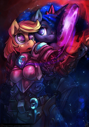 Size: 1050x1500 | Tagged: safe, artist:atryl, character:applejack, character:princess luna, species:alicorn, species:anthro, species:earth pony, species:pony, ship:lunajack, armor, clothing, cute, female, galaxy, jackabetes, lesbian, looking at each other, lunabetes, magic, open mouth, shipping