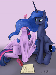 Size: 3600x4800 | Tagged: safe, artist:silfoe, character:princess luna, character:twilight sparkle, character:twilight sparkle (alicorn), species:alicorn, species:pony, royal sketchbook, ship:twiluna, absurd resolution, blushing, confused, duo, ethereal mane, eyes on the prize, female, galaxy mane, glowing horn, grin, lesbian, levitation, magic, manegazing, mare, missing accessory, prize on the eyes, quill, raised eyebrow, shipping, silly, silly pony, smiling, spread wings, stargazing, these aren't my glasses, underhoof, wings