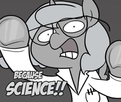 Size: 665x561 | Tagged: safe, artist:egophiliac, edit, character:princess luna, species:pony, moonstuck, cute, female, glasses, grayscale, monochrome, science, science woona, solo, woona, woonoggles, younger