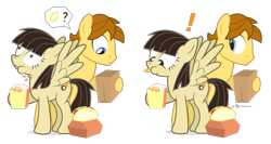 Size: 980x520 | Tagged: safe, artist:dm29, character:wild fire, oc, oc:mandopony, bag, choking, choking hazard, exclamation point, female, food, male, mandofire, question mark, ring, shipping, simple background, straight, transparent background