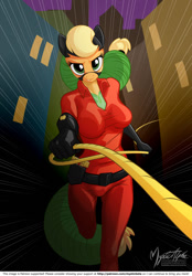 Size: 955x1373 | Tagged: safe, artist:mysticalpha, character:applejack, character:mistress marevelous, species:anthro, species:earth pony, species:plantigrade anthro, species:pony, episode:power ponies, g4, my little pony: friendship is magic, clothing, costume, explicit source, female, freckles, lasso, rope, solo