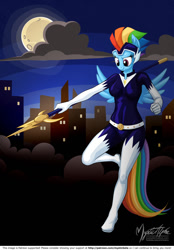 Size: 955x1373 | Tagged: safe, artist:mysticalpha, character:rainbow dash, character:zapp, species:anthro, species:plantigrade anthro, episode:power ponies, g4, my little pony: friendship is magic, clothing, cloud, cloudy, costume, explicit source, female, moon, night, solo, staff