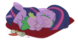 Size: 900x484 | Tagged: safe, artist:dm29, character:spike, character:twilight sparkle, species:dragon, species:pony, species:unicorn, duo, female, male, mama twilight, mare, scroll, simple background, sleeping, snuggling, spikelove, transparent background