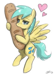 Size: 500x685 | Tagged: safe, artist:johnjoseco, character:sunshower raindrops, species:pegasus, species:pony, bread, cargo ship, crack shipping, female, heart, mare, nom, shipping
