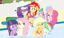 Size: 750x450 | Tagged: safe, artist:dm29, character:applejack, character:fluttershy, character:pinkie pie, character:rainbow dash, character:rarity, character:spike, character:sunset shimmer, character:twilight sparkle, character:twilight sparkle (alicorn), species:alicorn, my little pony:equestria girls, barefoot, beach ball, bikini, clothing, feet, glasses, humane seven, mane seven, mane six, sole, soles, swimming pool, swimsuit
