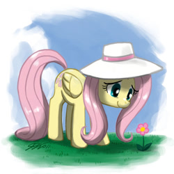 Size: 900x900 | Tagged: safe, artist:johnjoseco, character:fluttershy, species:pegasus, species:pony, clothing, female, flower, hat, mare, smiling, solo