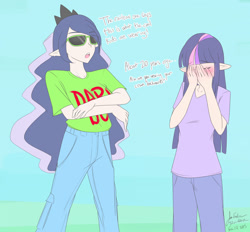 Size: 1280x1188 | Tagged: safe, artist:jonfawkes, character:princess luna, character:twilight sparkle, species:human, '90s, 30 minute art challenge, 90's fashion, backwards ballcap, baseball cap, blushing, clothing, crown, deal with it, dialogue, double facepalm, elf ears, embarrassed, facepalm, hat, humanized, jeans, light skin, rainbow dash always dresses in style, sunglasses, t-shirt, tiara, totally radical, unicorns as elves