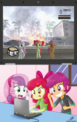 Size: 1458x2322 | Tagged: safe, artist:the-butch-x, character:apple bloom, character:scootaloo, character:sweetie belle, species:pegasus, species:pony, my little pony:equestria girls, computer, crusaders on laptop meme, cutie mark crusaders, exploitable meme, grand theft auto, gta san andreas, laptop computer, meme, meme origin
