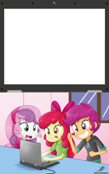 Size: 1458x2322 | Tagged: safe, artist:the-butch-x, edit, character:apple bloom, character:scootaloo, character:sweetie belle, species:pegasus, species:pony, my little pony:equestria girls, computer, crusaders on laptop meme, cutie mark crusaders, exploitable meme, laptop computer, meme, template