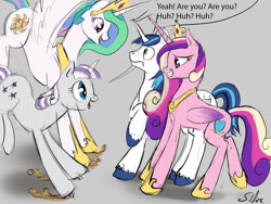Size: 2000x1500 | Tagged: safe, artist:silfoe, character:princess cadance, character:princess celestia, character:shining armor, character:twilight velvet, species:alicorn, species:pony, species:unicorn, royal sketchbook, dialogue, female, grin, looking at each other, male, mare, open mouth, sketch, smiling, stallion, wide eyes