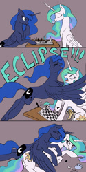 Size: 1500x3000 | Tagged: safe, artist:silfoe, character:princess celestia, character:princess luna, species:alicorn, species:pony, royal sketchbook, alicorn eclipse, chess, comic, cute, cutie mark, duo, eclipse, eyes closed, food, four-limbed hug, game, glomp, horn, hug, hug from behind, laughing, missing accessory, pile, royal sisters, simple background, sisterly love, sisters, smiling, spread wings, surprise hug, tackle, tea, teacup, winghug, wings