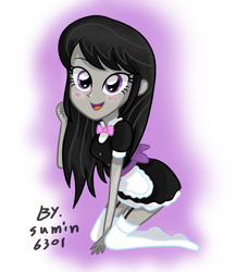 Size: 1236x1424 | Tagged: safe, artist:sumin6301, character:octavia melody, my little pony:equestria girls, blushing, bow tie, clothing, female, garter belt, maid, missing shoes, simple background, solo, stockings, transparent background