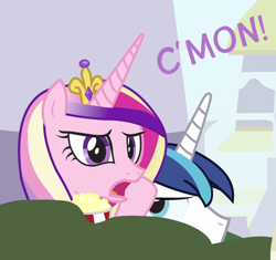 Size: 500x469 | Tagged: source needed, useless source url, safe, artist:dm29, character:princess cadance, character:shining armor, cropped, duo, frown, glare, oh come on, open mouth, popcorn, princess of love, reaction image, shining armor is not amused, unamused