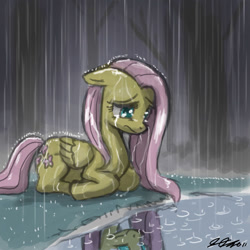 Size: 900x900 | Tagged: safe, artist:johnjoseco, character:fluttershy, species:pegasus, species:pony, crying, female, floppy ears, mare, prone, rain, reflection, sad, solo, water, wet mane