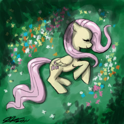 Size: 900x900 | Tagged: safe, artist:johnjoseco, character:fluttershy, species:pegasus, species:pony, bird's eye view, female, flower, mare, on side, sleeping, solo