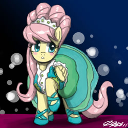 Size: 900x900 | Tagged: safe, artist:johnjoseco, character:fluttershy, species:pegasus, species:pony, alternate hairstyle, clothing, dress, female, mare, modelshy, solo