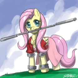 Size: 900x900 | Tagged: safe, artist:johnjoseco, character:fluttershy, species:pegasus, species:pony, aerith gainsborough, clothing, crossover, female, final fantasy, final fantasy vii, mare, mouth hold, solo, staff