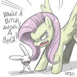 Size: 650x650 | Tagged: safe, artist:johnjoseco, character:angel bunny, character:fluttershy, species:pegasus, species:pony, angry, duo, female, flutterbitch, mare, rapeface, role reversal, vulgar