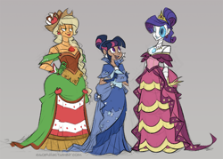 Size: 800x572 | Tagged: safe, artist:egophiliac, character:applejack, character:rarity, character:twilight sparkle, species:human, clothing, dark skin, dress, gala dress, gray background, humanized, robot, simple background, steampunk, steamquestria, trio