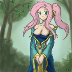 Size: 700x700 | Tagged: safe, artist:johnjoseco, character:fluttershy, species:human, breasts, busty fluttershy, crossover, female, humanized, league of legends, solo, sona