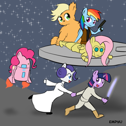 Size: 1000x1000 | Tagged: safe, artist:empyu, character:applejack, character:fluttershy, character:pinkie pie, character:rainbow dash, character:rarity, character:twilight sparkle, species:anthro, astromech droid, c3po, chewbacca, crossover, han solo, luke skywalker, mane six, parody, princess leia, r2-d2, star wars, wookiee