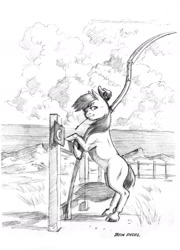 Size: 1200x1664 | Tagged: safe, artist:baron engel, character:apple bloom, bipedal leaning, female, fence, monochrome, pencil drawing, scythe, solo, traditional art