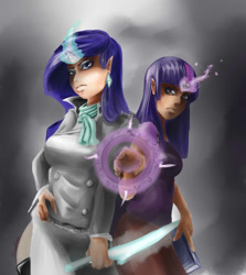 Size: 1068x1200 | Tagged: safe, artist:sundown, character:rarity, character:twilight sparkle, glare, horned humanization, humanized, knife, looking at you, magic, magic circle, pointing, runes