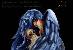Size: 1280x889 | Tagged: safe, artist:sundown, character:nightmare moon, character:princess luna, character:star swirl the bearded, female, frown, glare, glowing eyes, horn, horned humanization, humanized, illidan stormrage, looking at you, looking back, skull, solo, tattoo, winged humanization