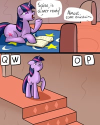 Size: 960x1200 | Tagged: safe, artist:slavedemorto, character:twilight sparkle, comic, qwop, stairs, this will end in pain, twilight vs walking