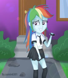 Size: 1500x1707 | Tagged: safe, artist:sumin6301, character:rainbow dash, my little pony:equestria girls, belly button, clothing, embarrassed, female, midriff, phone, school uniform, skirt, smartphone, solo