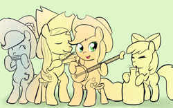 Size: 900x564 | Tagged: safe, artist:empyu, character:apple bloom, character:applejack, character:blewgrass, character:fiddlesticks, character:pitch perfect, apple family member, banjo, glass blowing, harmonica, musical instrument, quartet, violin, wrong cutie mark