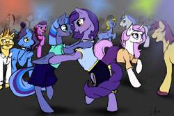 Size: 1280x853 | Tagged: safe, artist:silfoe, character:princess celestia, character:princess luna, character:twilight sparkle, character:twilight sparkle (alicorn), oc, species:alicorn, species:pony, royal sketchbook, ship:twiluna, bipedal, blushing, clothing, dancing, disguise, eye contact, eyes closed, female, lesbian, mare, me gusta, open mouth, raised eyebrow, raised hoof, shipping, skirt, smiling