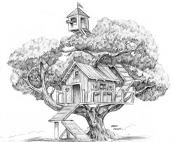 Size: 1100x888 | Tagged: safe, artist:baron engel, clubhouse, crusaders clubhouse, epic, grayscale, monochrome, pencil drawing, scenery, telescope, traditional art, tree, treehouse