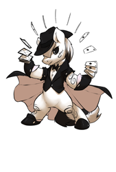 Size: 1280x1894 | Tagged: safe, artist:atryl, oc, oc only, oc:ace sleeves, species:pony, bow tie, card, clothing, fedora, hat, looking at you, magic, magic trick, magician, male, markings, playing card, simple background, solo, stallion, suit, white background