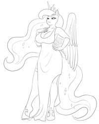 Size: 2400x3000 | Tagged: source needed, safe, artist:marauder6272, character:princess luna, species:anthro, species:unguligrade anthro, armpits, breasts, busty princess luna, cleavage, clothing, dress, female, hips, mane, monochrome, solo