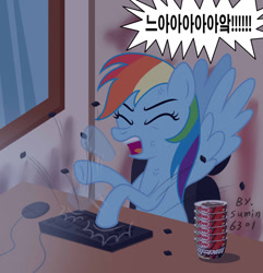 Size: 900x935 | Tagged: safe, artist:sumin6301, character:rainbow dash, angry, computer, female, keyboard, keyboard mashing, korean, solo, typing