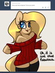 Size: 1280x1700 | Tagged: safe, artist:slavedemorto, oc, oc only, oc:backy, species:pony, bipedal, clothing, fabulous, off shoulder, off shoulder sweater, socks, solo, sweater, thigh highs, tumblr