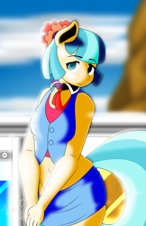 Size: 792x1224 | Tagged: safe, artist:dekomaru, character:coco pommel, species:anthro, species:earth pony, species:pony, arm boob squeeze, balcony, belly button, clothing, collar, loco for coco, midriff, skirt, smiling, vest