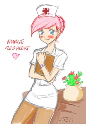 Size: 885x1280 | Tagged: safe, artist:johnjoseco, artist:redge, edit, character:nurse redheart, species:human, adoredheart, blushing, clothing, color edit, colored, female, heart, humanized, pantyhose, solo