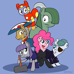 Size: 1000x1000 | Tagged: safe, artist:empyu, character:cloudy quartz, character:igneous rock pie, character:limestone pie, character:marble pie, character:maud pie, character:pinkie pie, 30 minute art challenge, black widow (marvel), captain america, clothing, costume, crossover, iron man, nick fury, pie family, pie sisters, quartzrock, siblings, sisters, the avengers, the incredible hulk, thor