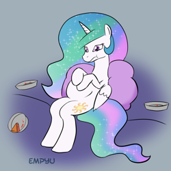 Size: 1000x1000 | Tagged: safe, artist:empyu, character:princess celestia, 30 minute art challenge, aftermath, belly, chubby, female, full, pi day, pie, solo