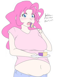 Size: 600x807 | Tagged: safe, artist:jonfawkes, character:pinkie pie, species:human, 30 minute art challenge, belly button, breasts, busty pinkie pie, chubby, eating, fat, female, humanized, looking at you, midriff, muffin top, pi day, pie, pudgy pie