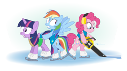 Size: 945x525 | Tagged: safe, artist:dm29, character:pinkie pie, character:rainbow dash, character:twilight sparkle, character:twilight sparkle (alicorn), species:alicorn, species:earth pony, species:pegasus, species:pony, episode:winter wrap up, g4, my little pony: friendship is magic, chainsaw, clothing, earmuffs, female, ice, ice skates, ice skating, mare, simple background, this will end in tears, transparent background, trio, vest, weather team, winter wrap up vest