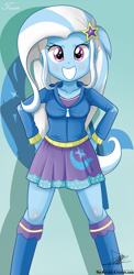 Size: 645x1321 | Tagged: safe, artist:the-butch-x, character:trixie, my little pony:equestria girls, beautiful, beautiful x, clothing, cute, diatrixes, explicit source, female, grin, hand on hip, hoodie, kneesocks, looking at you, skirt, smiling, socks, solo